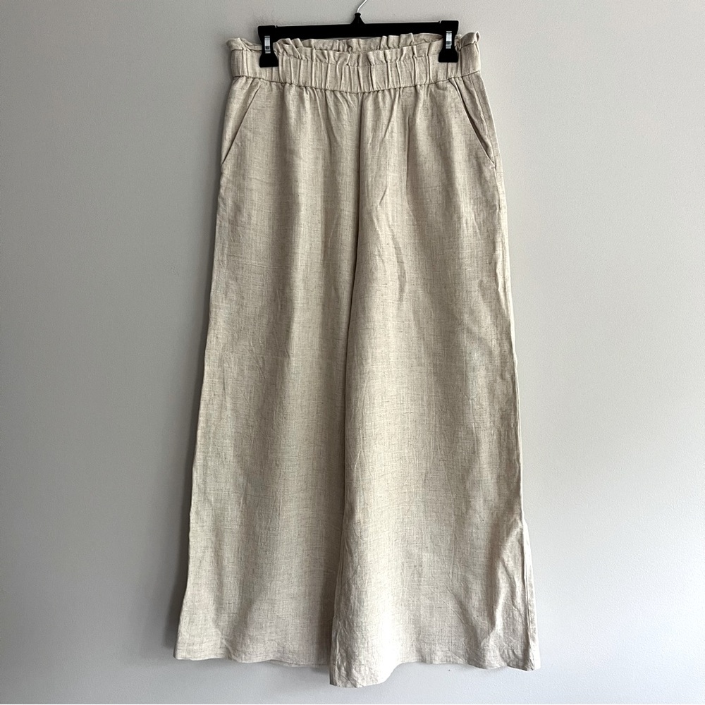 LOFT Wide Leg Elastic Waist Linen Pants in Beige Small